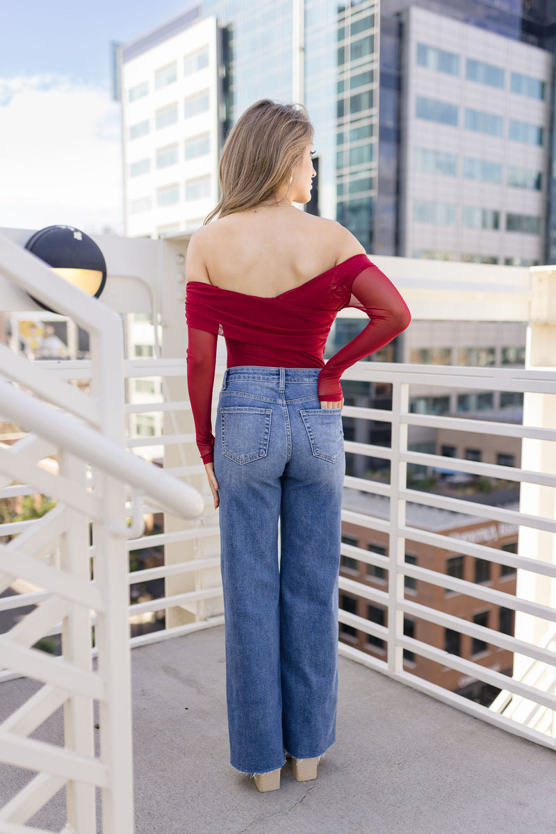 Long Sleeve Asymmetrical Mesh Top Red