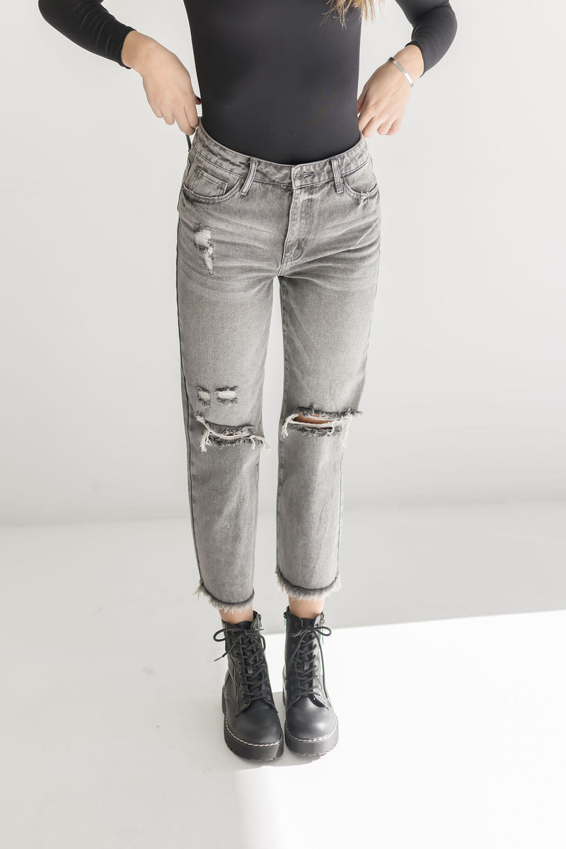 High Rise Distressed Jeans Grey