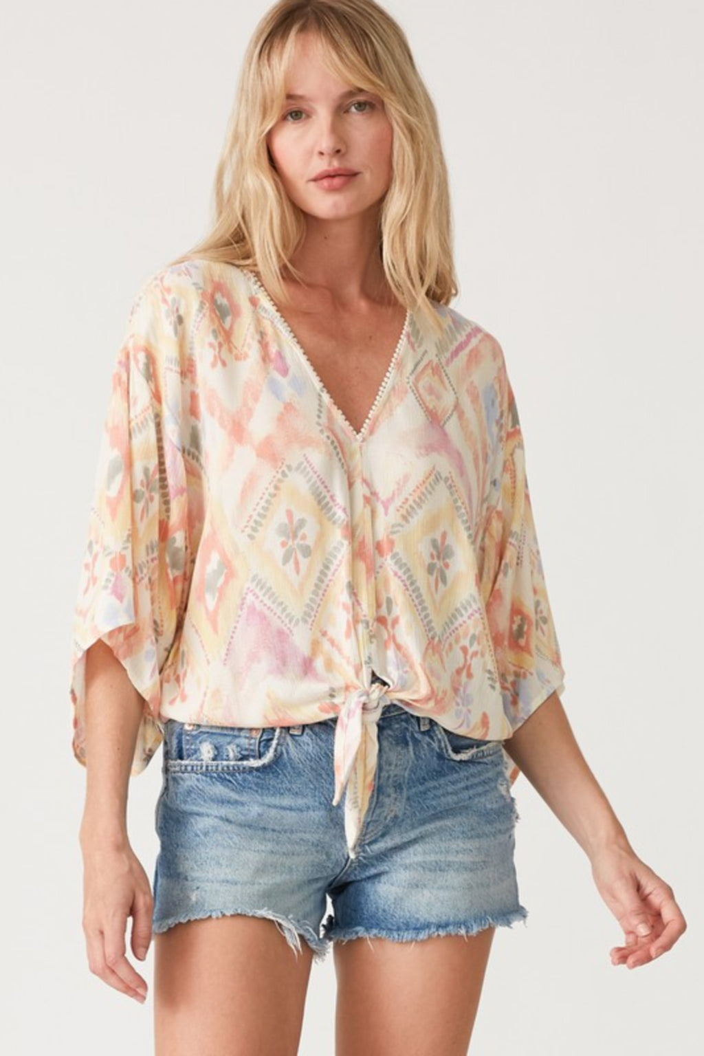 Short Sleeve Tie Front Abstract Print Top Yellow