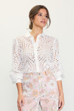  Long Sleeve Eyelet Button Down Top White