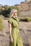 Christine Short Sleeve Belted Utility Wide Leg Jumpsuit Green