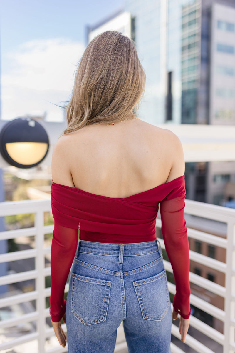 Long Sleeve Asymmetrical Mesh Top Red
