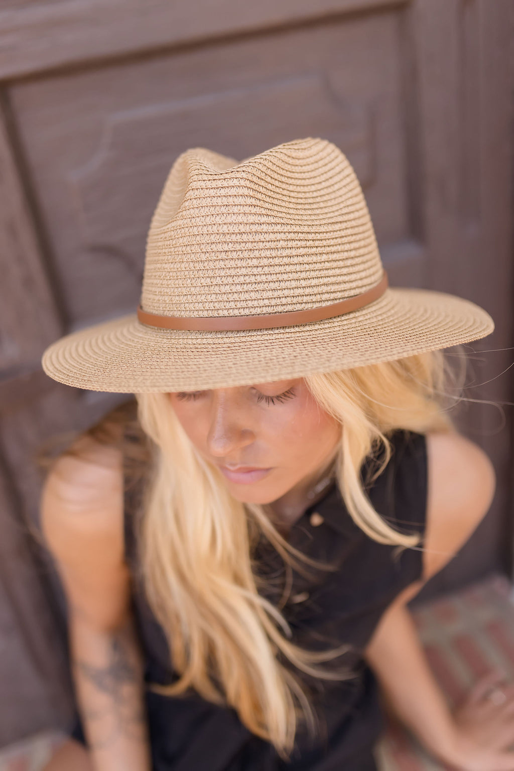 Faux Leather Belted Straw Hat Taupe