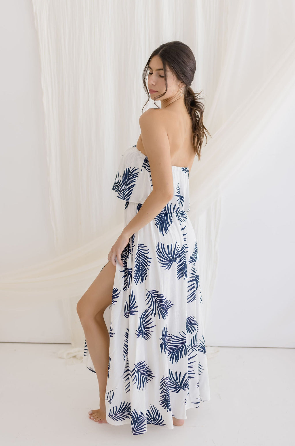 Strapless Tropical Print Maxi Dress White