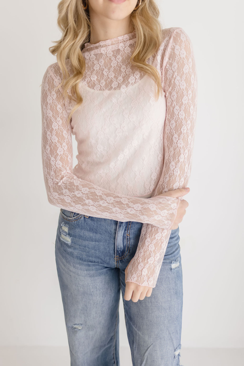 Long Sleeve Mock Neck Floral Lace Top Pink
