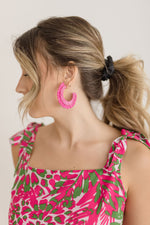 Raffia Fan C Hoop Earrings Pink