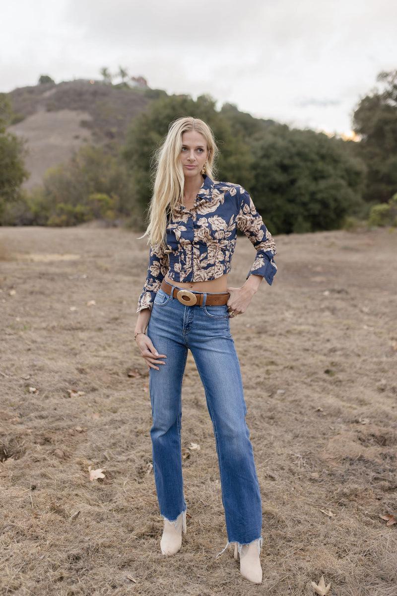 Anne Long Sleeve Corset Floral Print Crop Top Navy