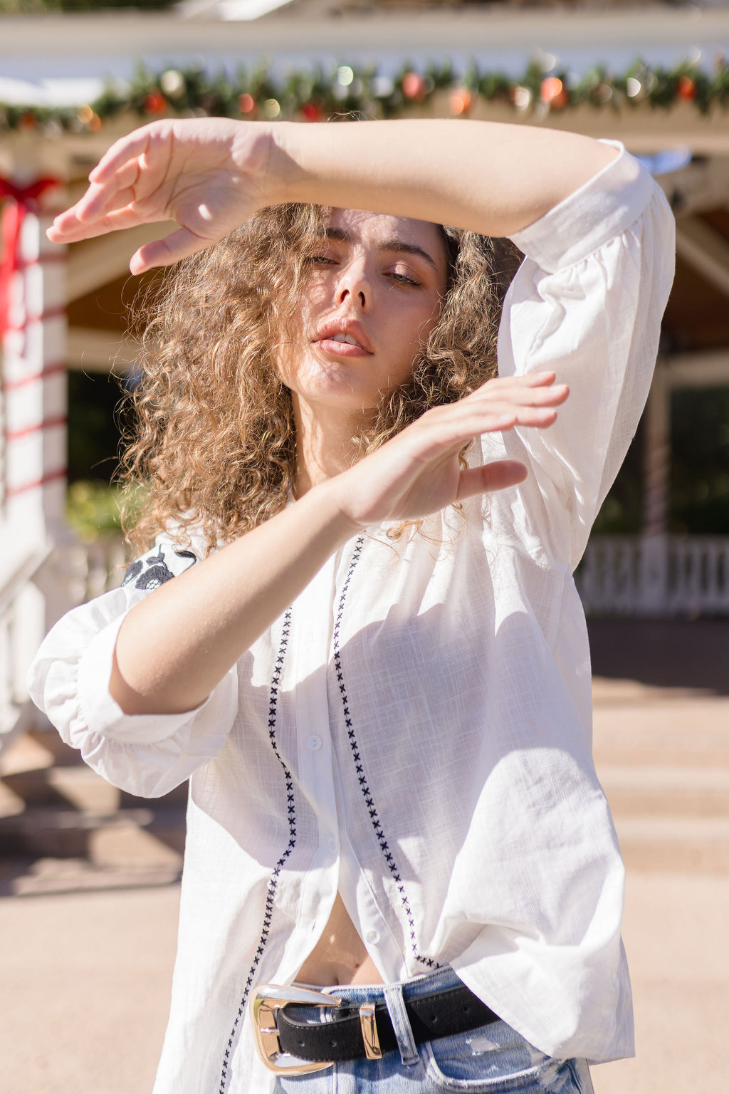 3/4 Puff Sleeve Button Down Floral Embroidered Top White