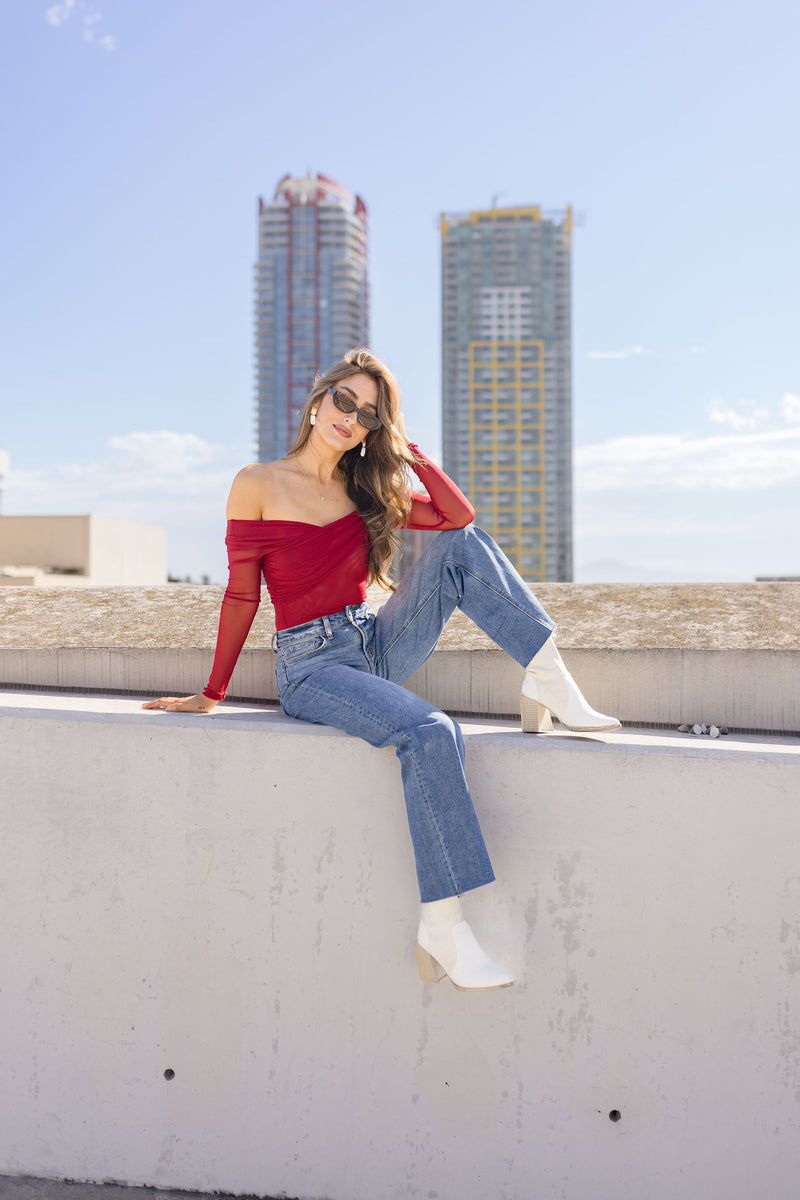 Long Sleeve Asymmetrical Mesh Top Red