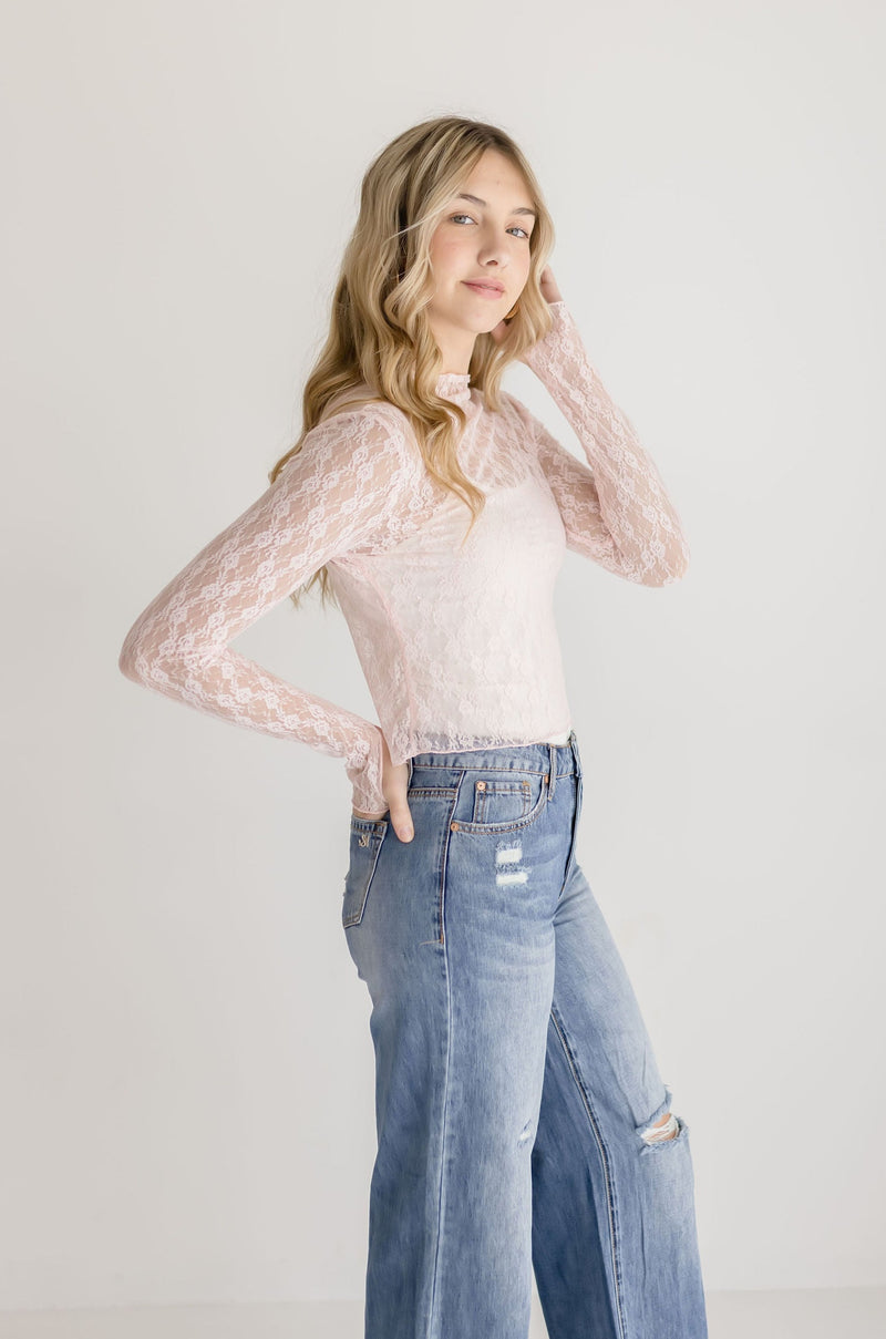 Long Sleeve Mock Neck Floral Lace Top Pink