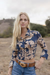 Anne Long Sleeve Corset Floral Print Crop Top Navy