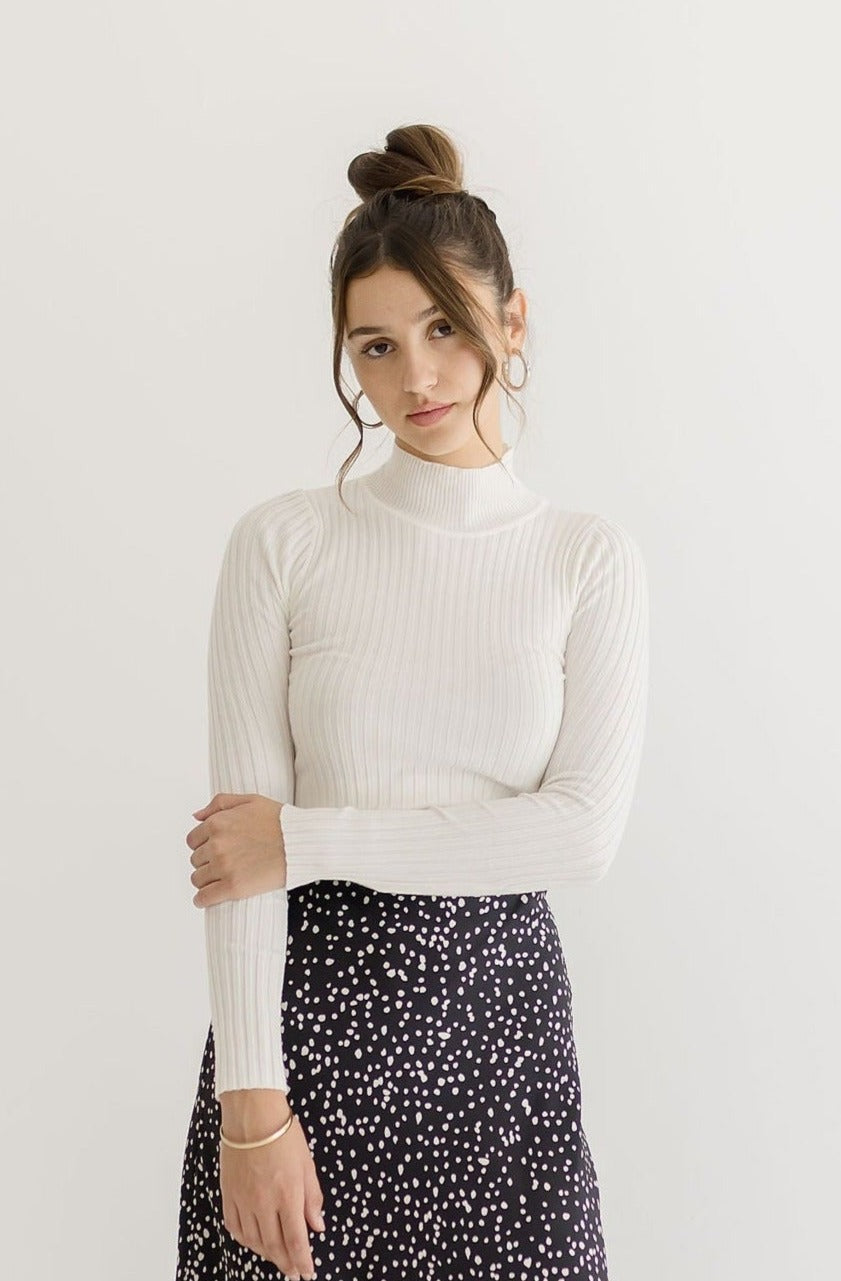  Long Sleeve Mockneck Knit Sweater Top White