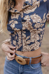 Anne Long Sleeve Corset Floral Print Crop Top Navy