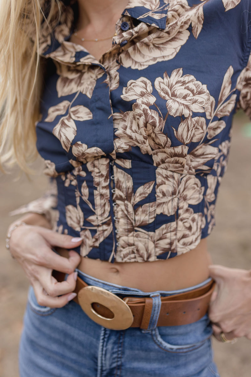 Anne Long Sleeve Corset Floral Print Crop Top Navy
