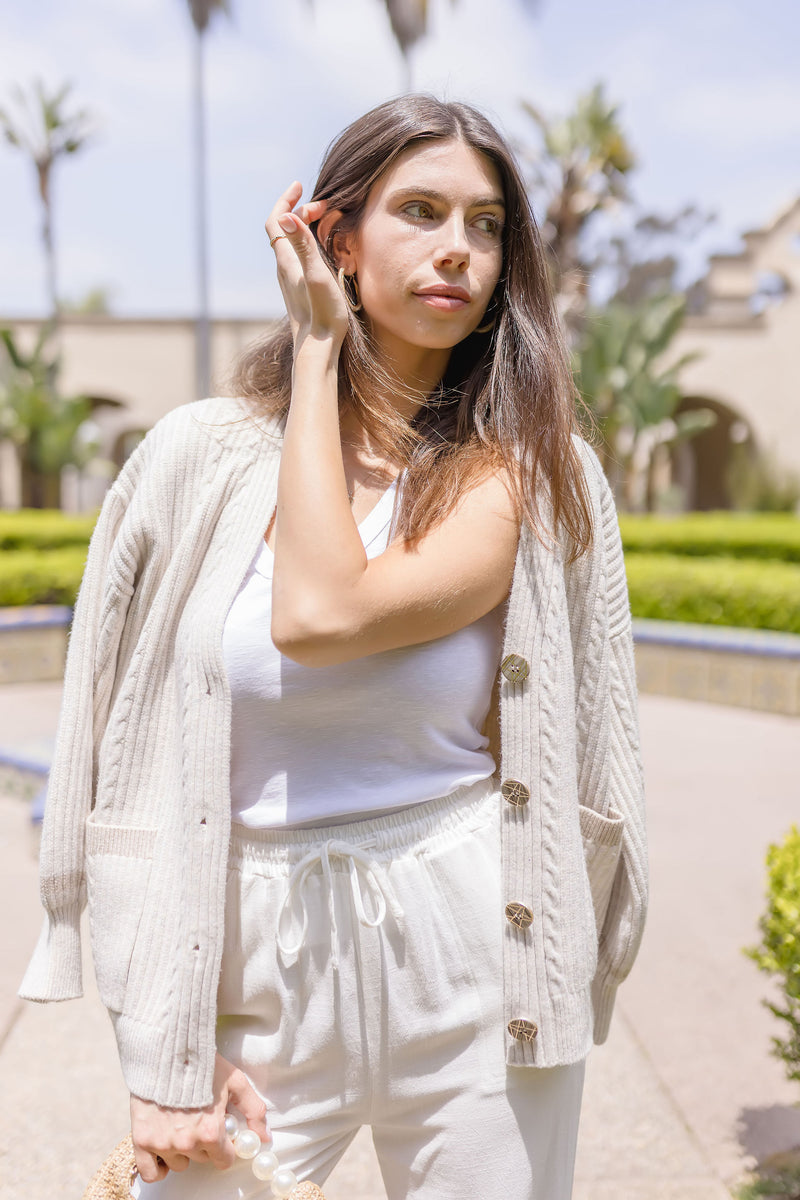 Cable Knit Button Down Cardigan Nude