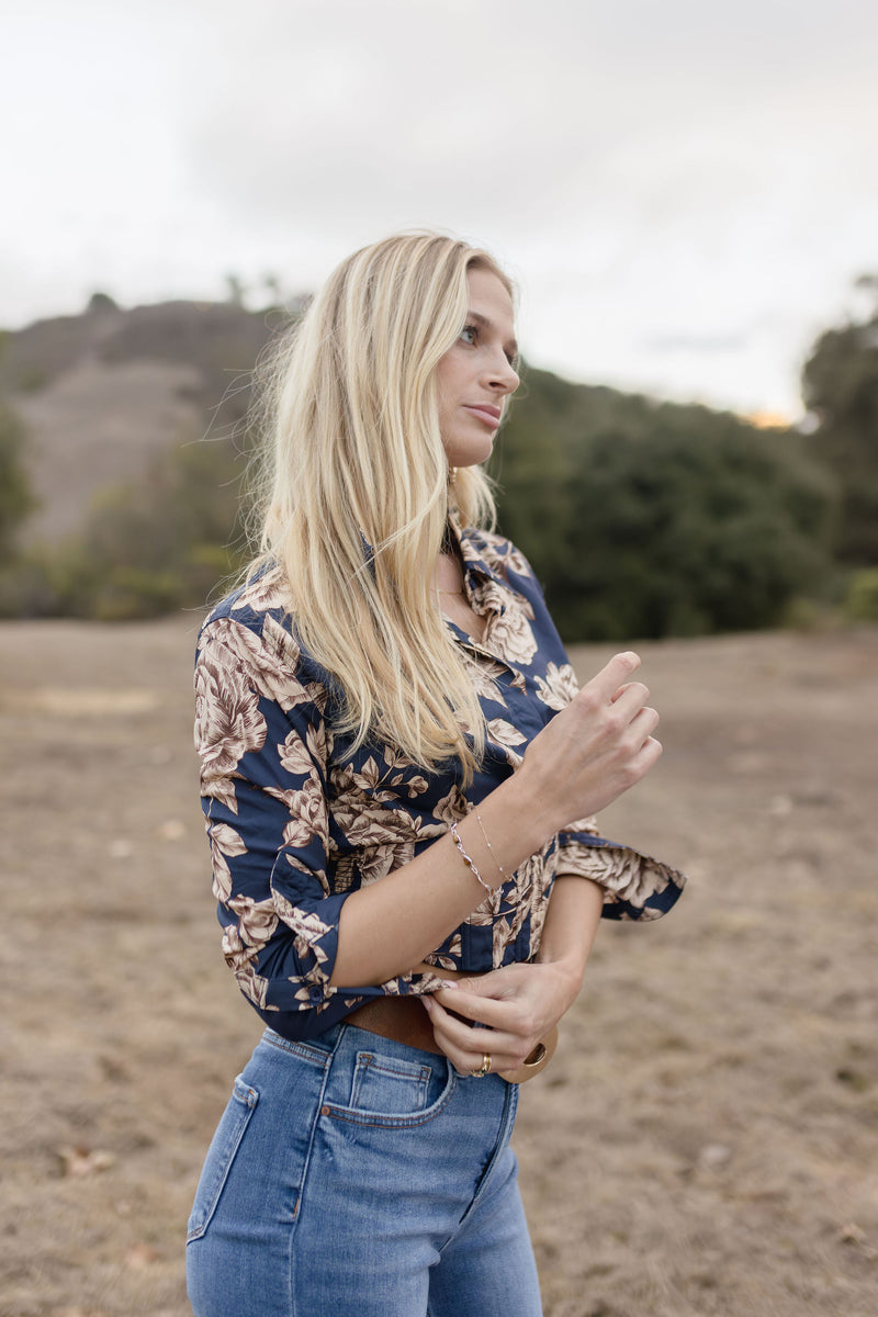 Anne Long Sleeve Corset Floral Print Crop Top Navy