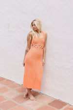  Sleeveless Waist Link Crochet Midi Dress Orange