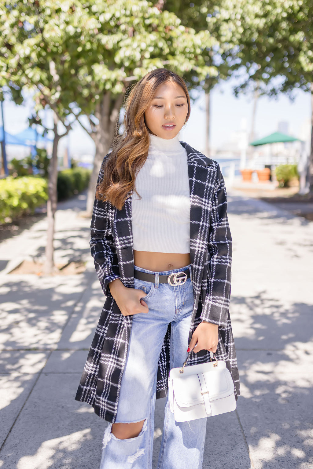  Double Breasted Plaid Print Jacket Black