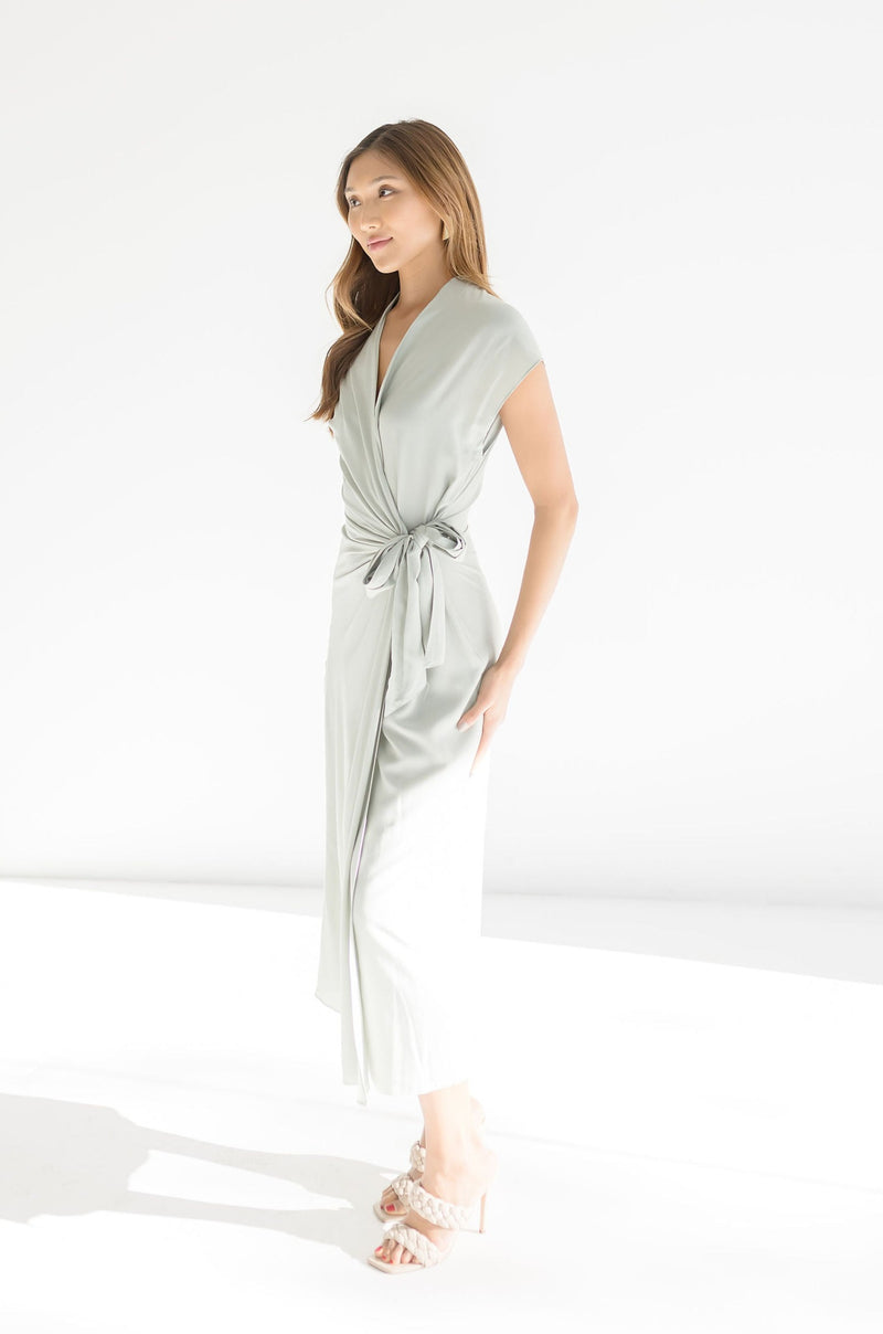 Short Sleeve Wrap Midi Dress Sage