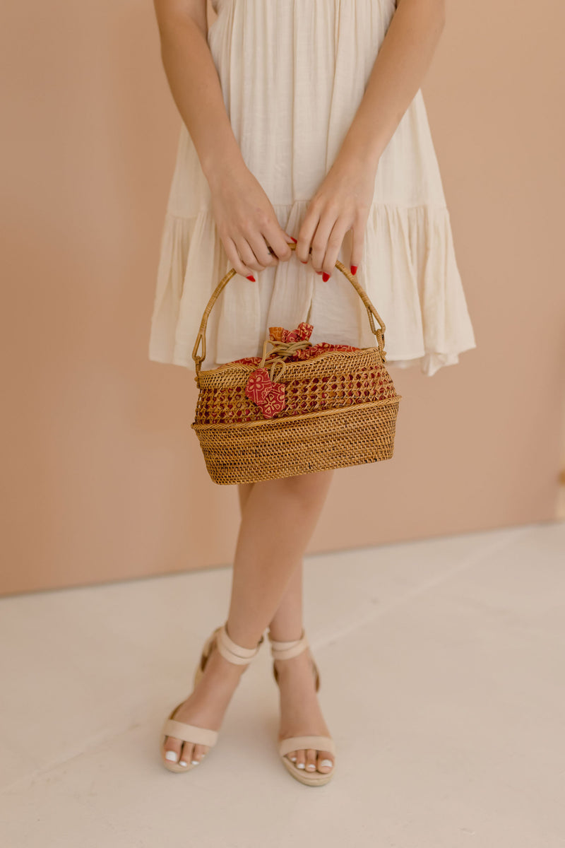 Textured Wicker Basket Handbag Brown