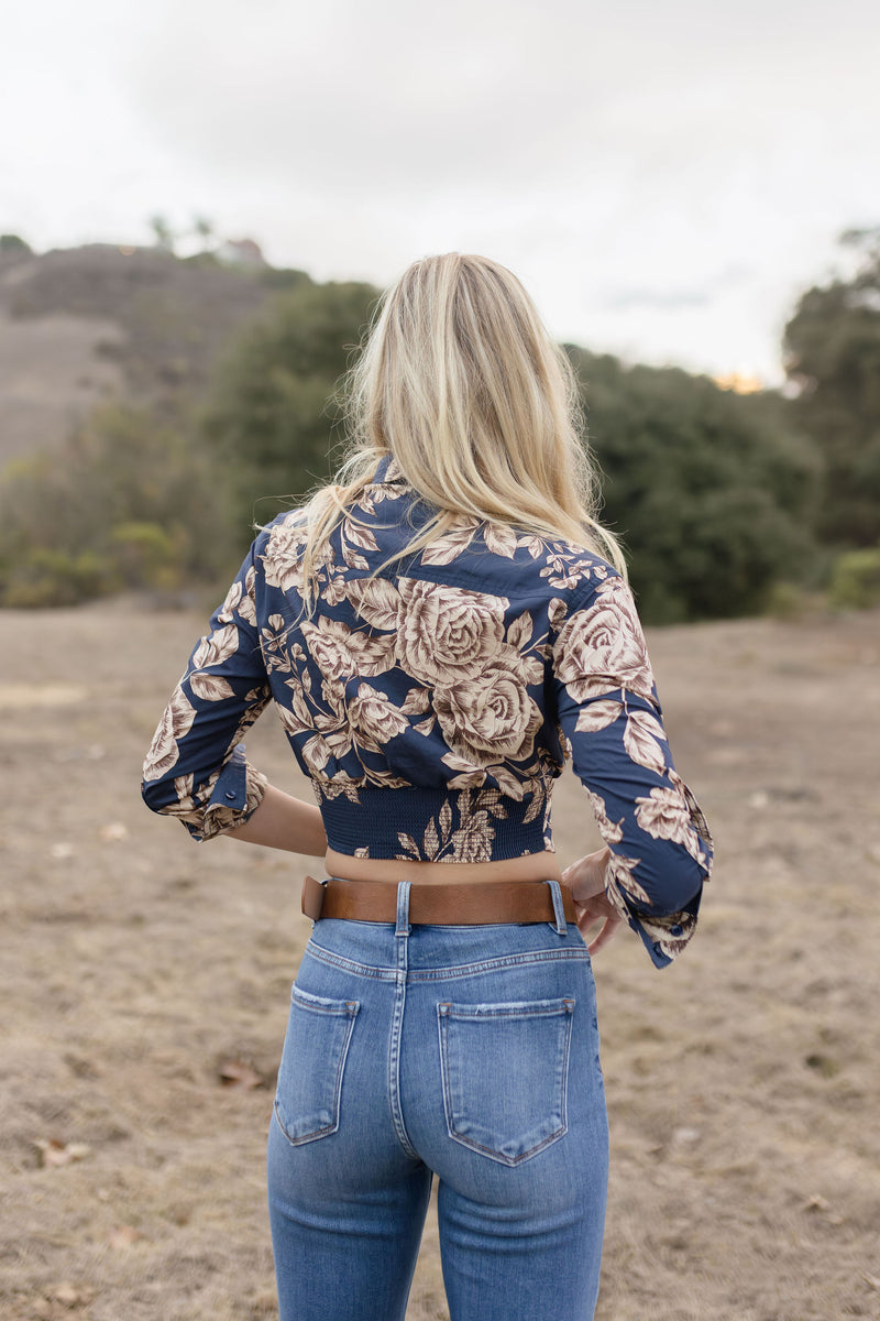 Anne Long Sleeve Corset Floral Print Crop Top Navy