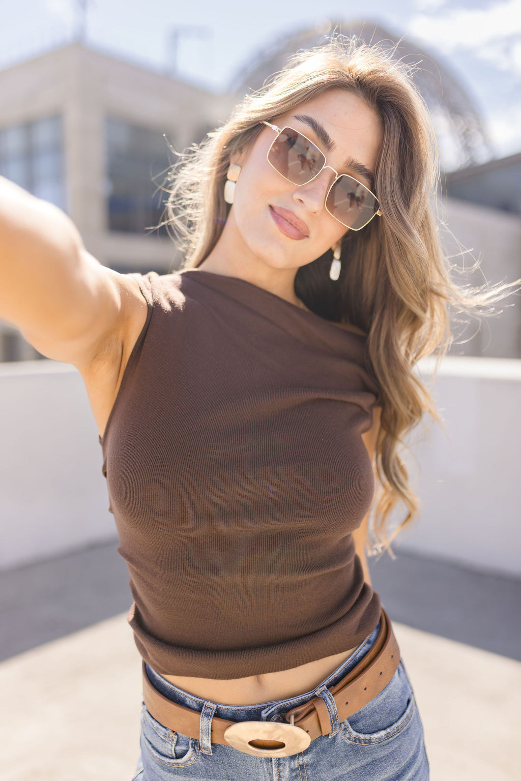 Sleeveless Asymmetrical Knit Top Brown