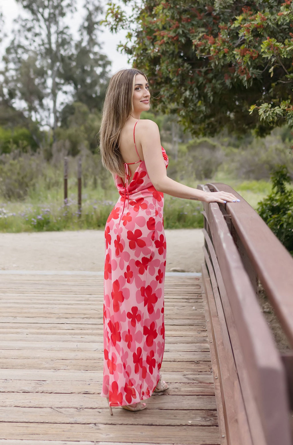 Sleeveless Cowl Neck Floral Print Maxi Dress Red