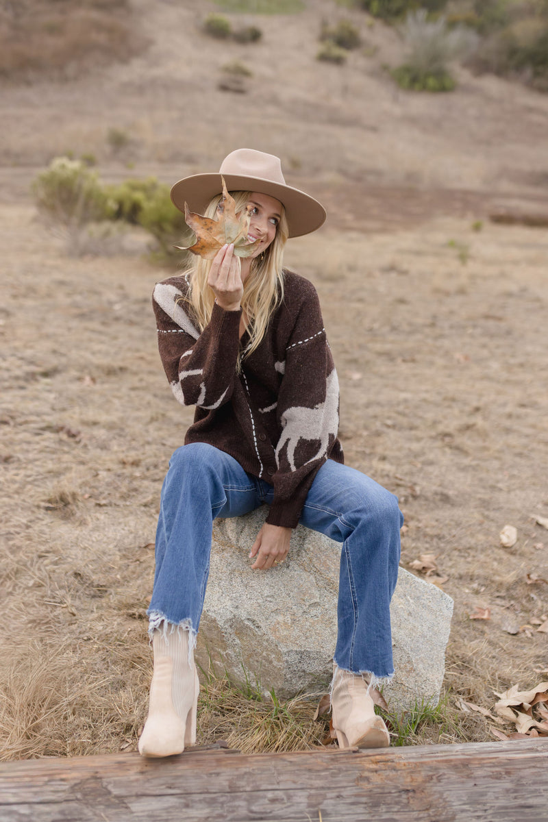 Waitlist 12/24 • Shaina Long Sleeve Button Down Horse Print Cardigan Brown