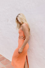  Sleeveless Waist Link Crochet Midi Dress Orange