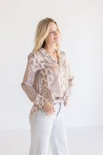 Long Sleeve Abstract Print Tie Top Ivory