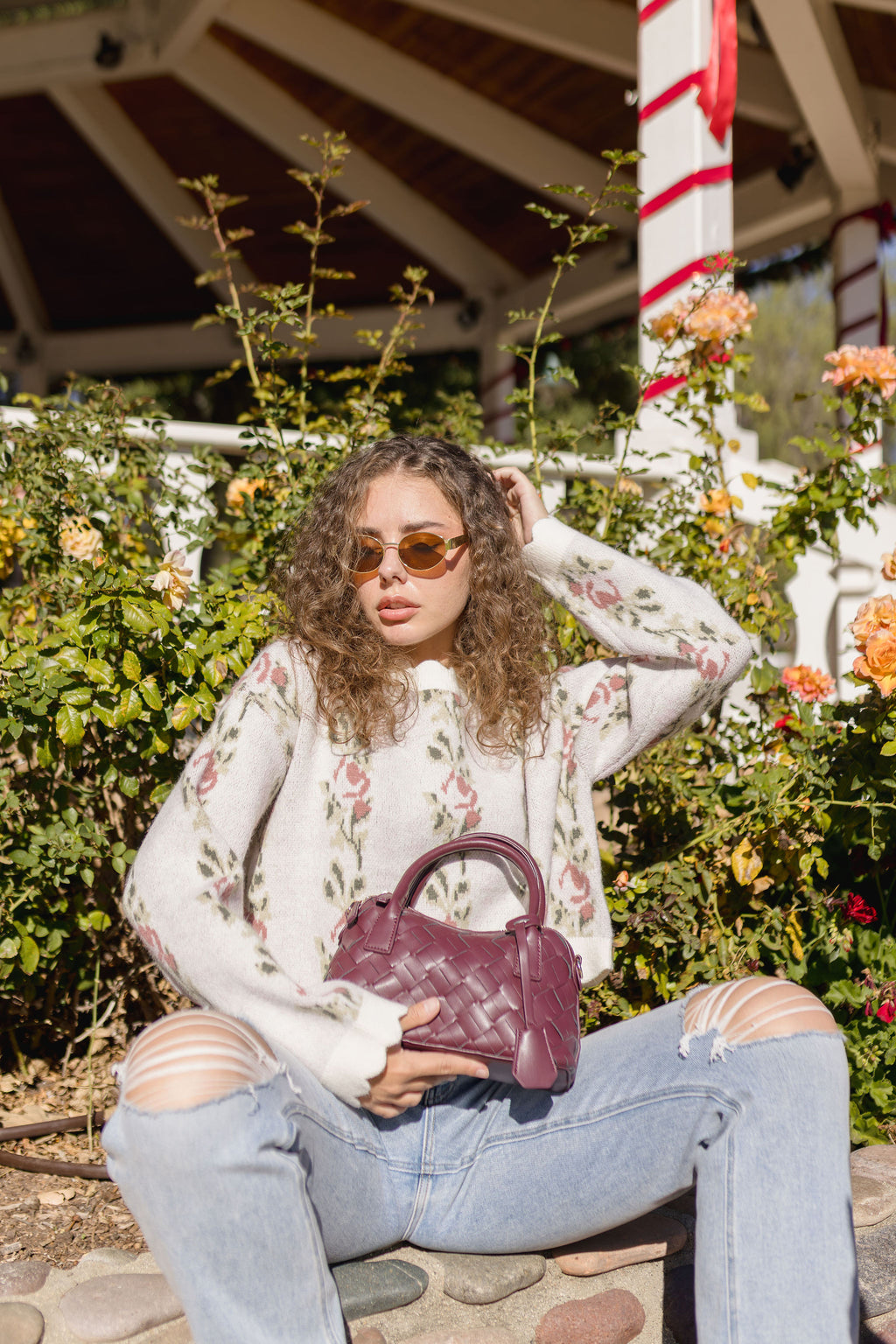 Top Handle Faux Leather Woven Handbag Burgundy