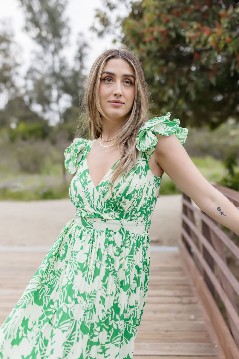 Ruffle Sleeve Floral Print Maxi Dress Green