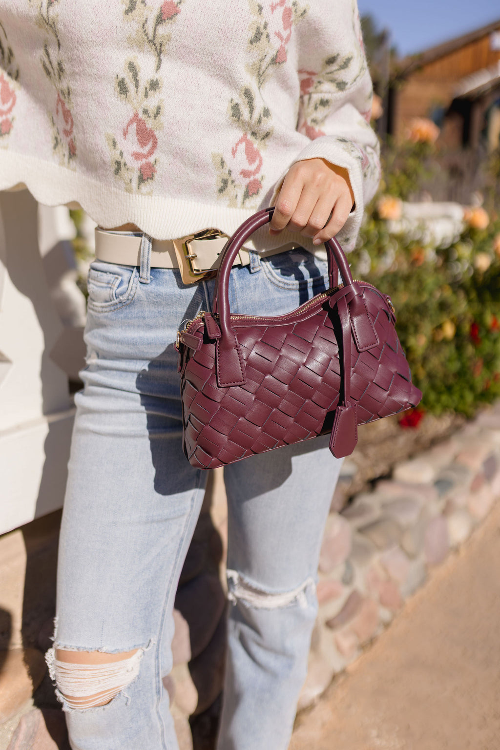 Top Handle Faux Leather Woven Handbag Burgundy