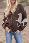 Waitlist 12/24 • Shaina Long Sleeve Button Down Horse Print Cardigan Brown