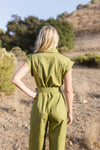 Christine Short Sleeve Belted Utility Wide Leg Jumpsuit Green