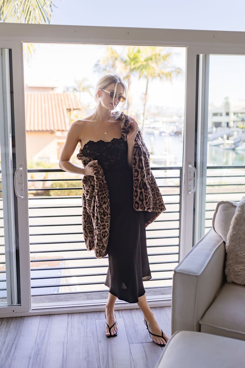 Sleeveless Lace Bodice Satin Midi Dress Black