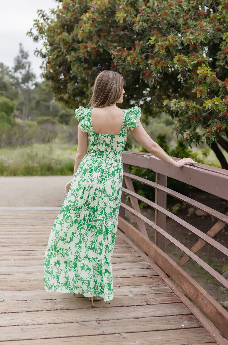 Ruffle Sleeve Floral Print Maxi Dress Green