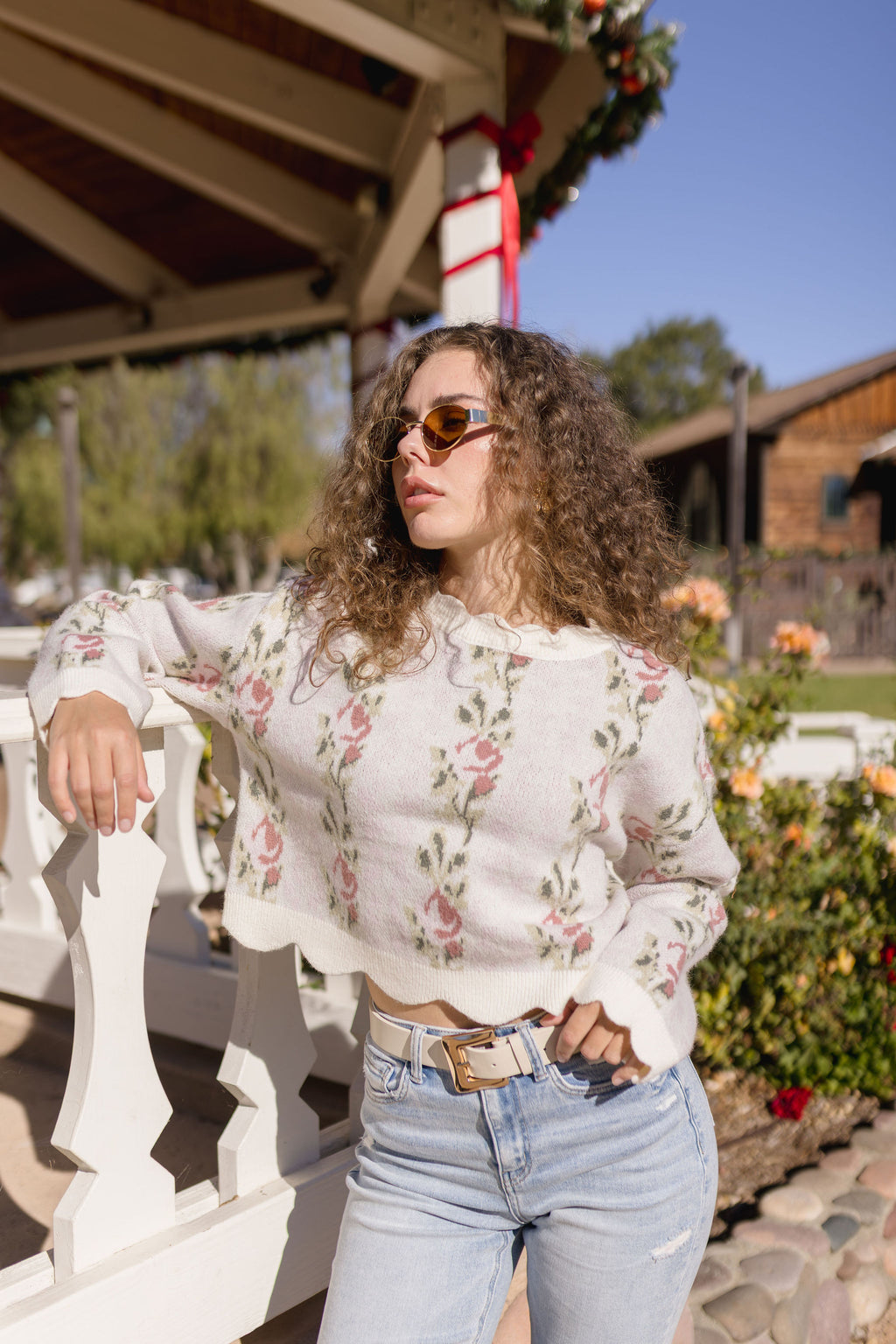 Long Sleeve Floral Embroidered Sweater Pink