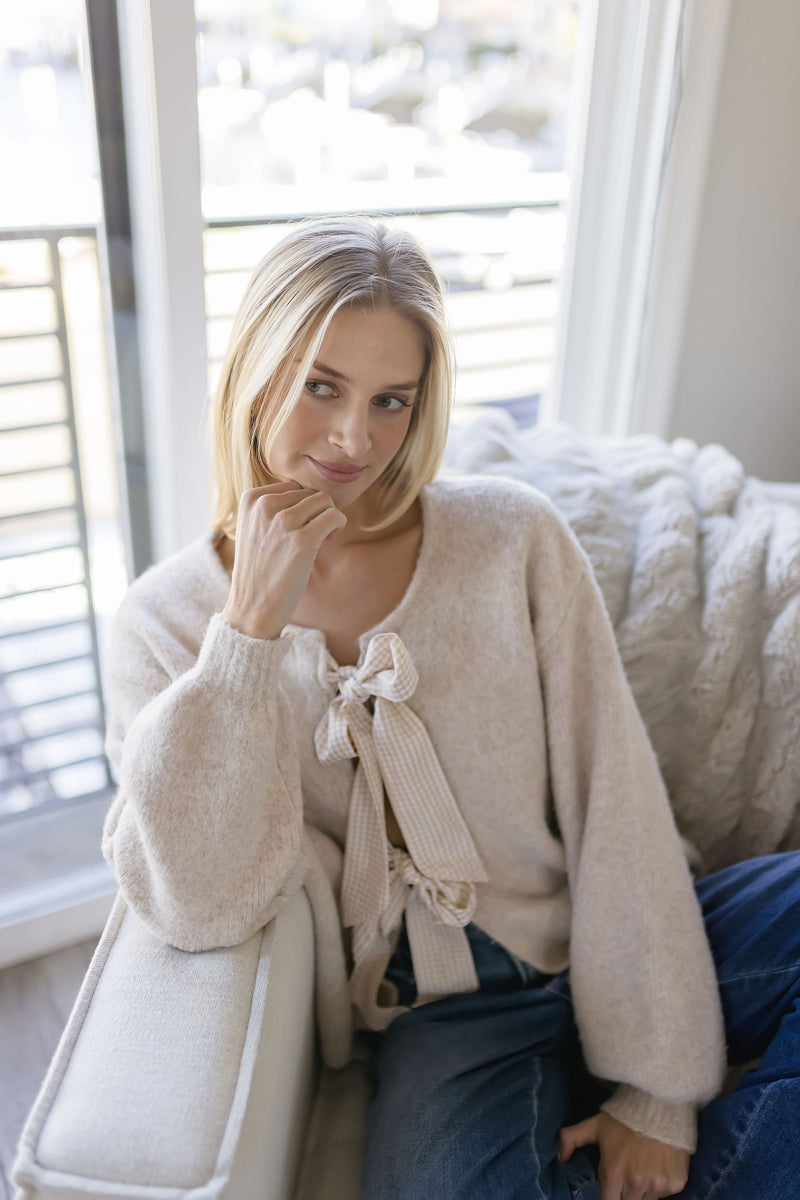 Long Sleeve Gingham Bow Tie Knit Cardigan Beige