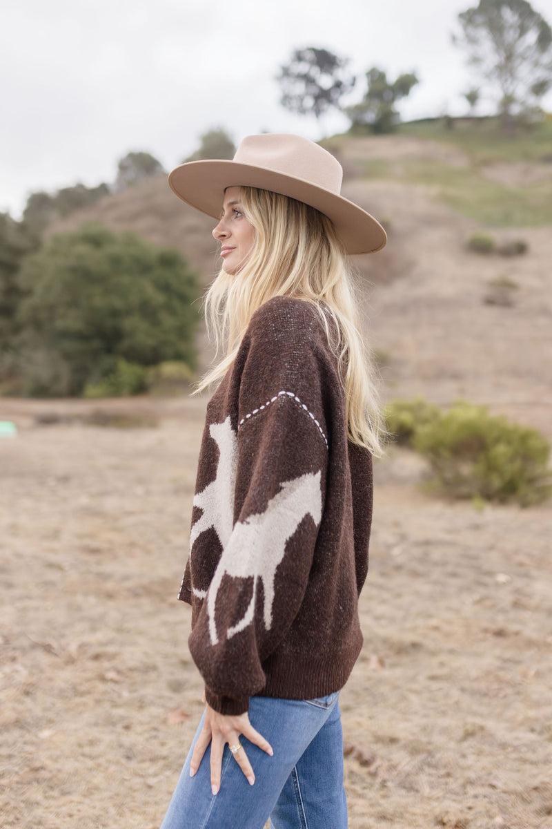 Waitlist 12/24 • Shaina Long Sleeve Button Down Horse Print Cardigan Brown