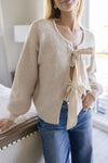 Long Sleeve Gingham Bow Tie Knit Cardigan Beige