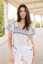  Short Sleeve Embroidered Floral Top Ivory