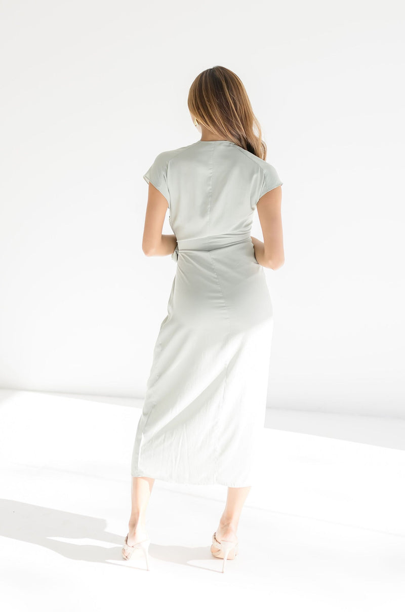 Short Sleeve Wrap Midi Dress Sage