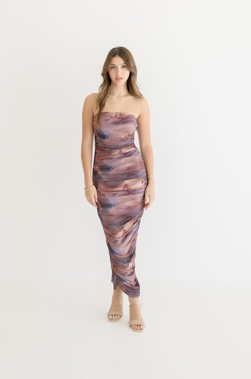Sleeveless Ruched Abstract Print Mesh Midi Dress Mauve