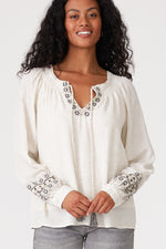 Alex Long Embroidered Floral Sleeve Top White