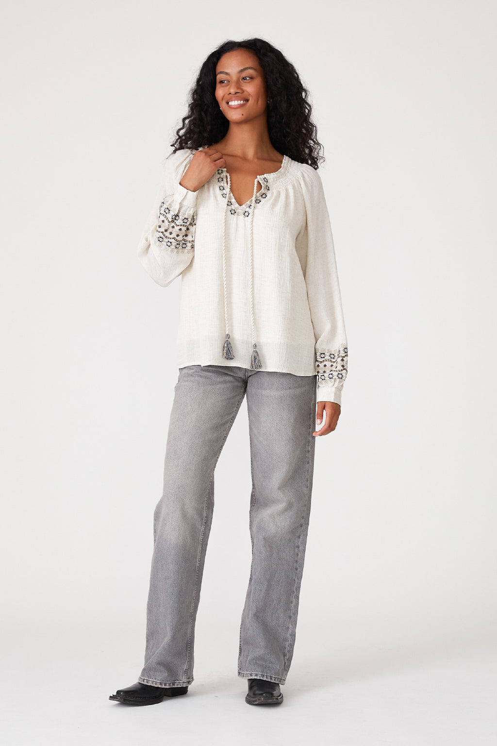 Alex Long Embroidered Floral Sleeve Top White