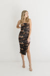  Sleeveless Ruched Abstract Print Mesh Midi Dress Brown
