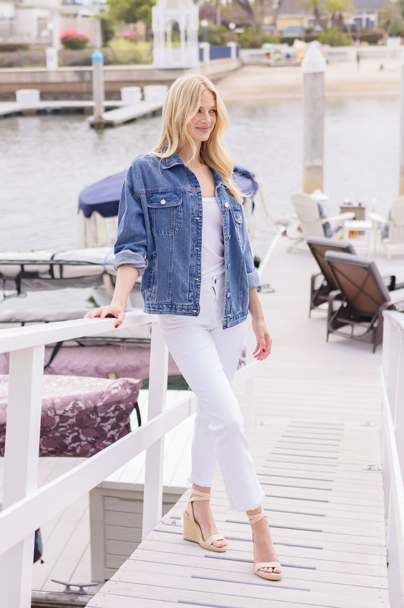 Long Sleeve Button Down Oversized Denim Jacket Dark Wash