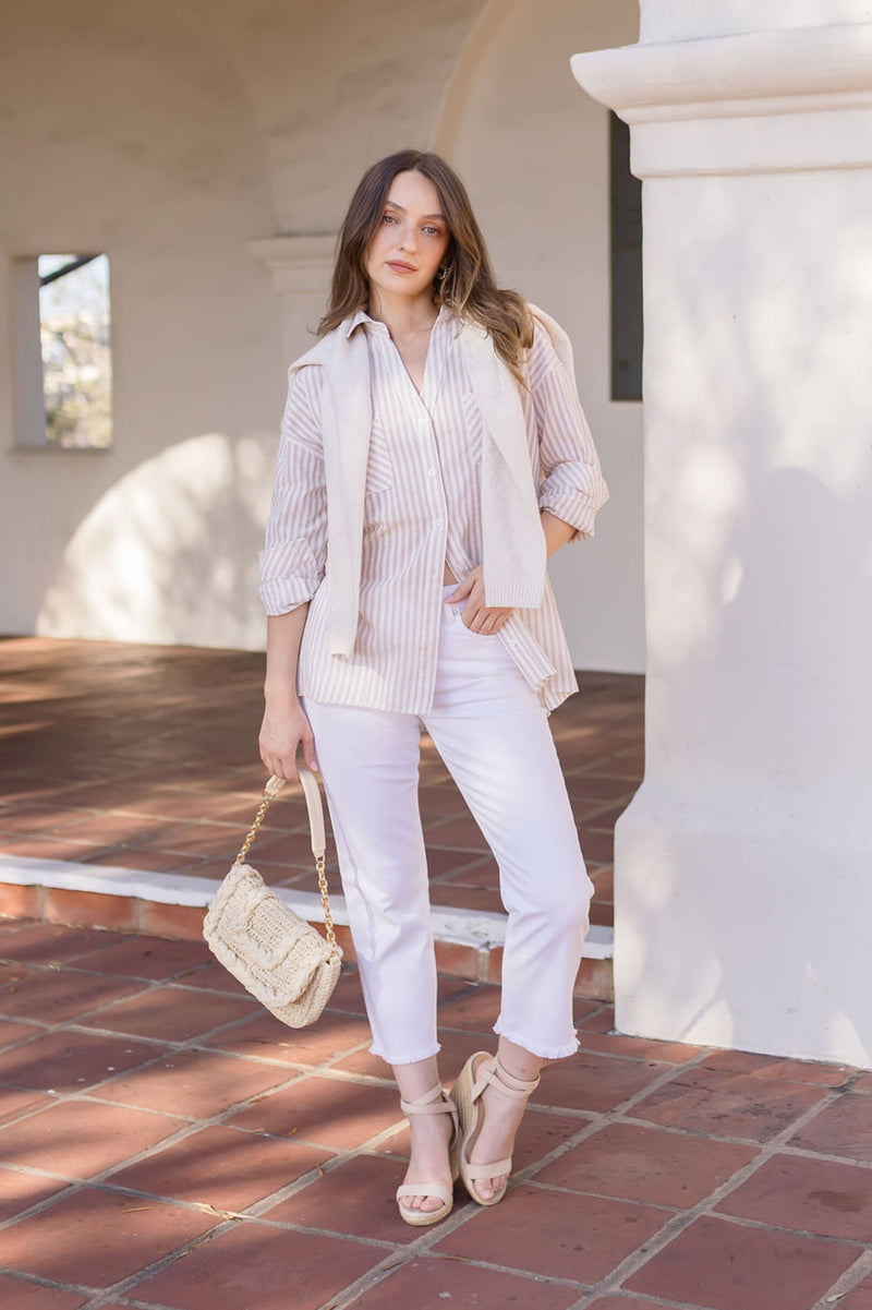 Long Sleeve Stripe Print Button Down Top Taupe