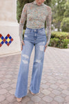 High Rise Distressed Wide Leg Jeans Light Wash